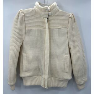 Vintage 80s Knit Ribbed Cream Puff Sleeve Jacket S Sweater Funnel Grannycore